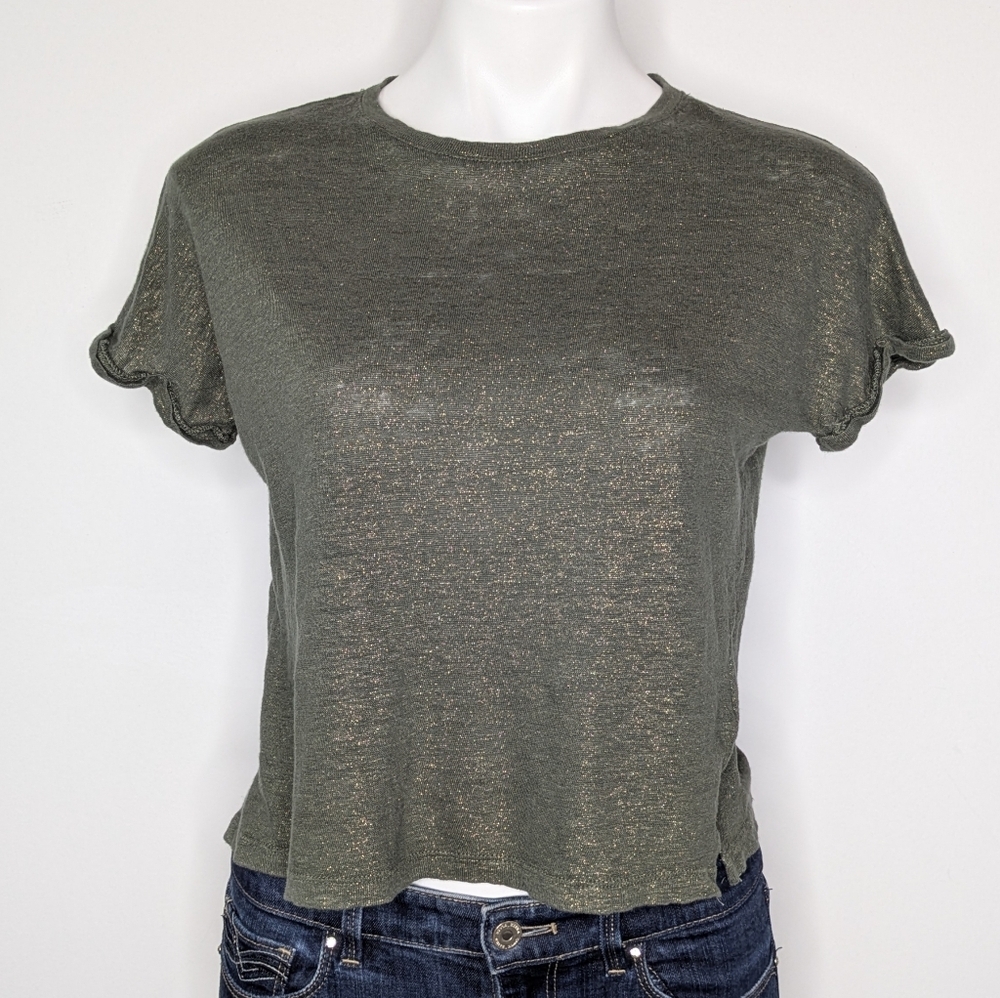 Monoprix Green Gold Shimmer Short Sleeve Linen Knit T-shirt S